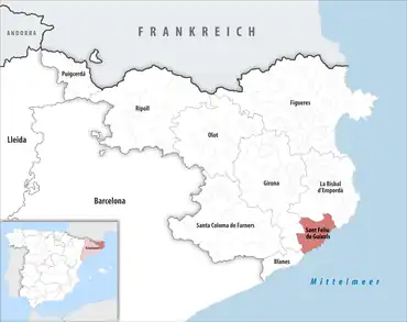 Die Lage des Gerichtsbezirk Sant Feliu de Guíxols in der Provinz Girona