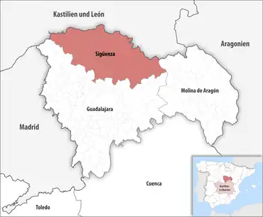 Die Lage des Gerichtsbezirk Sigüenza in der Provinz Guadalajara