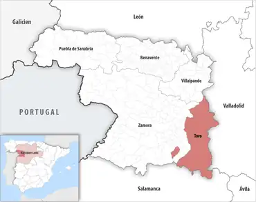 Die Lage des Gerichtsbezirk Toro in der Provinz Zamora