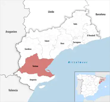 Die Lage des Gerichtsbezirk Tortosa in der Provinz Tarragona