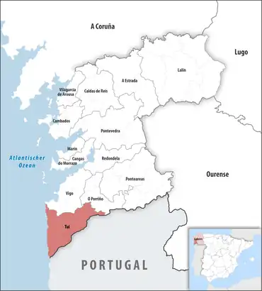 Die Lage des Gerichtsbezirk Tui in der Provinz Pontevedra