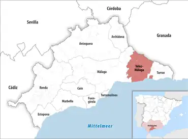 Die Lage des Gerichtsbezirk Vélez-Málaga in der Provinz Málaga