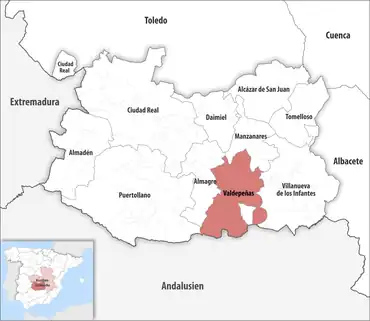 Die Lage des Gerichtsbezirk Valdepeñas in der Provinz Ciudad Real
