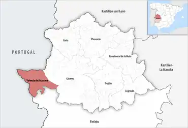 Die Lage des Gerichtsbezirk Valencia de Alcántara in der Provinz Cáceres