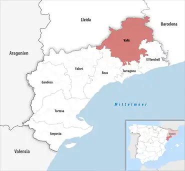 Die Lage des Gerichtsbezirk Valls in der Provinz Tarragona