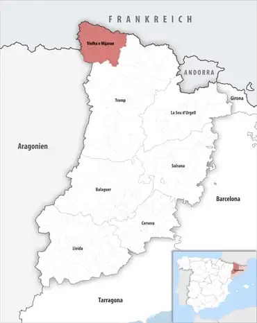 Die Lage des Gerichtsbezirk Vielha e Mijaran in der Provinz Lleida