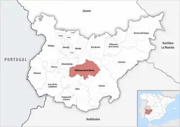 Die Lage des Gerichtsbezirk Villafranca de los Barros in der Provinz Badajoz