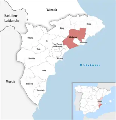 Die Lage des Gerichtsbezirk Villajoyosa in der Provinz Alicante