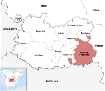 Die Lage des Gerichtsbezirk Villanueva de los Infantes in der Provinz Ciudad Real