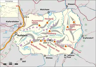 Lage des Kaisergebirges (gelb hervorgehoben) innerhalb der Ostalpen