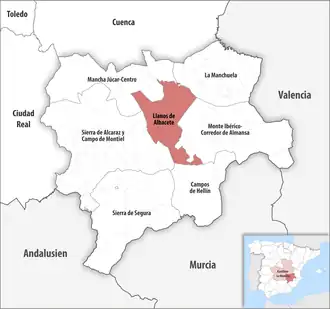 Die Lage der Comarca Llanos de Albacete in der Provinz Albacete