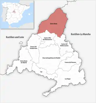 Die Lage der Comarca Sierra Norte in der autonomen Gemeinschaft Madrid