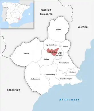 Die Lage der Comarca Valle de Ricote in der autonomen Gemeinschaft Murcia