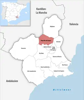 Die Lage der Comarca Vega Alta del Segura in der autonomen Gemeinschaft Murcia