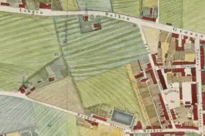 Zwei Windmühlen in der Mörken Straße und Langen Balken um 1836.