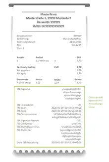 Kassenbon mit TSE-Angaben: Signatur, Transaktion, Start & Stop, Seriennummer, Signatur-Account, Zeitformat, Hash-Algorithmus, PublicKey und erste Bestellung