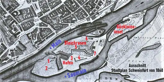 Katasterplan von 1868 mit Hafen1 Werft; 2 Pulvertürme; 3 Turnplatz; 4 Städt. Bauhütte;5 Schießhaus; 6 Schleuse; 7 Schanze