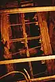 Kehrrad im Schaubergwerk 19-Lachter-Stollen (1995). Inzwischen ist das zerfallene historische Kehrrad ausgebaut und ein neues eingesetzt.