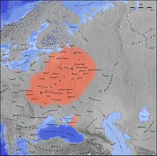 Graphische Landkarte von Eurasien mit orange markierter Fläche, die eine ungefähre Position der Kiewer Rus ohne starre Grenzen wiedergibt.