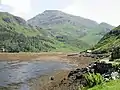 Blick von Kinloch Hourn über das Ostende von Loch Hourn auf die Westseite des Sgùrr a’ Mhaoraich