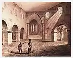 Innenansicht mit Hegemer Chörli, 1836. Die Fenster darüber waren vergrössert worden; nach dem Abbruch der Grabkapelle 1877 wurden sie wieder zurückgebaut. Ludwig Schulthess