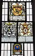 Oben: Fenster des "Hoch Lobliche[n] Stand Bern". Mitte links: Wappenscheibe des Schultheiss Johann Friedrich Willading. Mitte rechts: Wappenscheibe des Hieronimus von Erlach, Landvogt zu Aarwangen. Unten: Wappenscheibe des Prädikanten Johann Jakob Nüschiker (Pfarrer während des Neubaus).