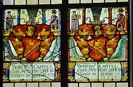 Doppelfenster von Beromünster "Probst und CAPITUL Hoch-Adelicher Stift zu Münster im Ergüw 1709". Links oben ein Chorherr mit einem Modell der Kirche Beromünster, Rechts oben ein Chorherr mit einer Schenkungsurkunde ("Diploma Dotationis")