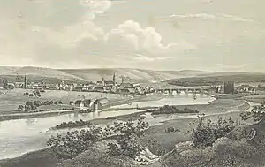 Kitzingen auf einem Stich des Jahres 1847. Im Vordergrund die Mainmühle.