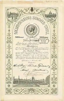 Aktie der A/S Kjøbenhavns Sommer-Tivoli über 500 Kronen, ausgestellt im November 1918 in Kopenhagen, verziert mit der Büste des Tivoli-Gründers Georg Carstensen