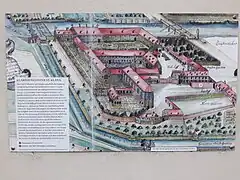 Infotafel mit Zeichnung des Klosters von 1742