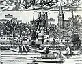 Anton Woensam, Ausschnitt aus „Große Ansicht von Köln“: St. Maria im Kapitol (noch mit Westturm) und Klein St. Martin