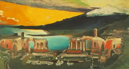 „Ruinen des griechischen Theaters in Taormina“ (ungar.:A taorminai görög színház romjai), Öl auf Karton, 1904/05, Bestand Csontváry Múzeum, Pécs