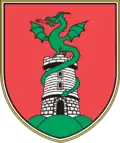 Kozje (Drachenburg) SI – Drache mit langem Schwanz um einen Turm gewunden