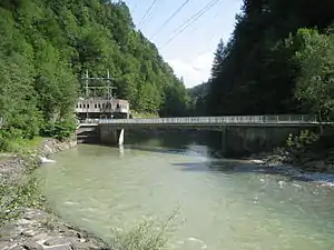 Kraftwerk Langenegg von der Trasse der ehemaligen Bregenzerwaldbahn