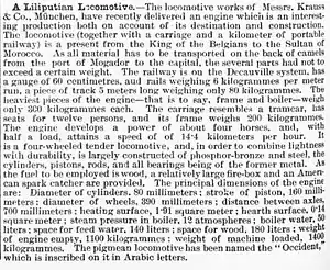 Krauss & Co, München lieferten 1888 die Liliput-Lokomotive Occident an den Sultan von Marokko