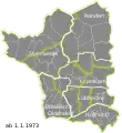 Vergleich der alten Amtsgrenzen (gelb) zu den neuen Gemeinde- und Ortsteilgrenzen (weiß)