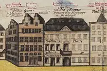 Ausschnitt aus einer historischen Karte, farbig gezeichnete Fassaden, mit handschriftlichen Notizen, z. B. „Palast des Herzogs von Brabant“ oder „goldene Gans“