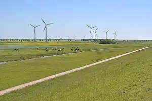 Die sechs Windkraftanlagen des Windparks Pilsum am Deich