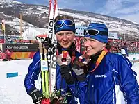 Bronze im Teamsprint 2006: Virpi Kuitunen (l.) und Aino-Kaisa Saarinen