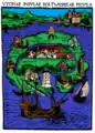 Der Flyer zur Wagen & Winnen-Kunstausstellung 2022 in der Kultur-Nische ist vom Buchcover von Thomas Morus’ Roman Utopia (1516) inspiriert und zeigt verschiedene Orte in Salzwedel, darunter die Gebäude der Kultur-Nische