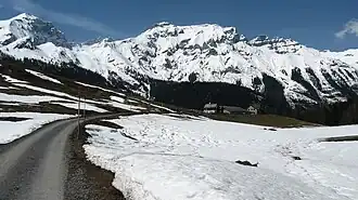 Scheitel der Passstraße von SO gesehen, ganz links Crap Mats, rechts dahinter der Doppelgipfel des Ringelspitz