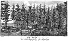 Die „Insel“ kurz nach 1802. Rechts am Bildrand ist das neue Denkmal für Erzherzog Karl zu erkennen.