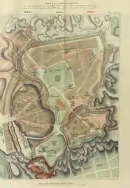 Rekonstruktionsplan zur Stadtgeschichte, dreifarbige Überlagerung zum Siedlungsplan von Pechersk 1240, 1800 und 1864 (Nikolaï Zakrevsky, 1868)
