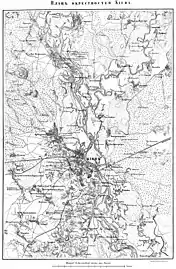 Karte von Kiew und Umgebung, 1850, die Vorstadt liegt an der Chaussee nach Browary an der Russanow-Bucht