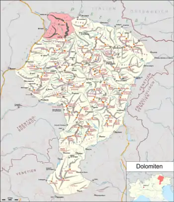 Lüsner Berge in Rot dargestellt auf der Dolomitenkarte