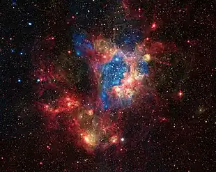 Zusammengefügte Darstellung von N44 aus Bildern von sichtbarem Licht, Infrarot und Röntgenstrahlung.