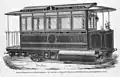 Illustration einer Mékarski-Straßenbahn. Vorne rechts der Windkessel