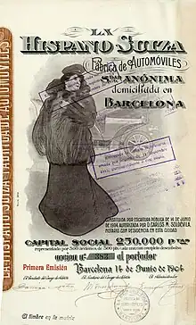 Gründungsaktie der La Hispano Suiza Fábrica de Automóviles über 500 Peseten, ausgestellt in Barcelona am 14. Juni 1904, im Original unterschrieben von Damián Mateu, Mitbegründer, Präsident und Financier des Unternehmens