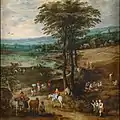 Jan Brueghel d. Ä. und Josse de Momper (zugeschrieben): Das Landleben, ca. 1620–1622, Öl auf Leinwand, 166 × 168 cm, Prado, Madrid. Einige Figuren, vor allem die drei Frauen unten rechts, sind freie Kopien aus der berühmten Heuernte von Pieter Brueghel d. Ä. (1565, Nationalgalerie, Prag)