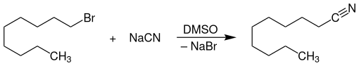 Nucleophile Substitution von 1-Bromnonan mit Natriumcyanid zu 1-Decannitril und Natriumbromid in DMSO als Lösungsmittel